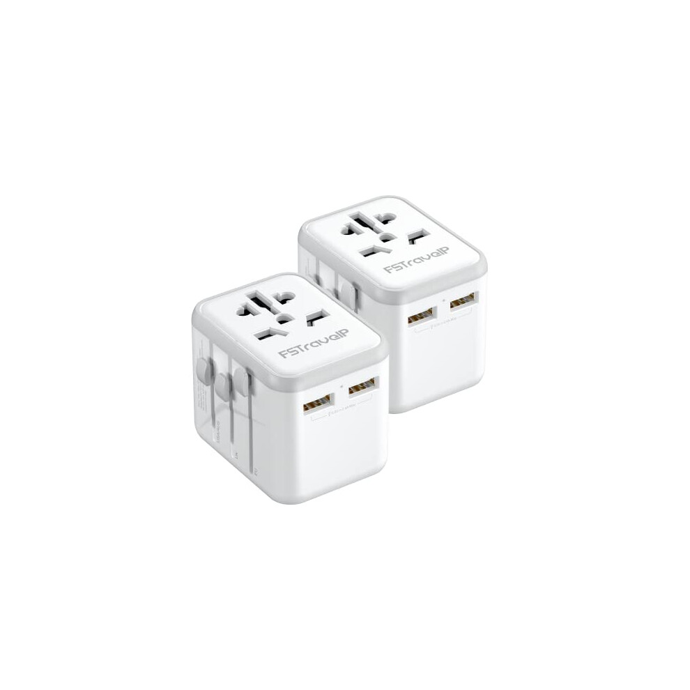 2 Pack Universal Travel Adapter, Travel Plug Adapter Worldwide with 2 USB and 1 AC Socket, FSTravelP International