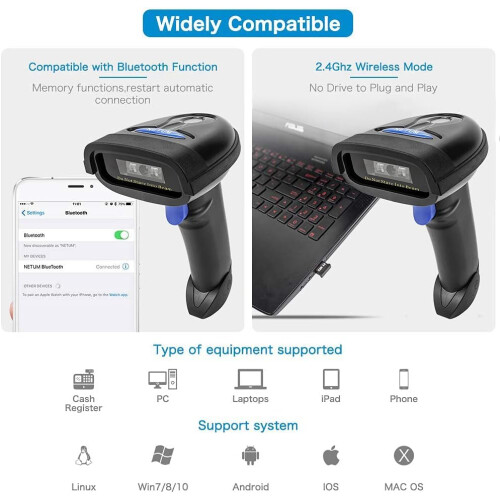 NT-1228BC Bluetooth CCD Barcode Scanner Handheld USB Wireless Bluetooth Wired 1D Barcodes Imager for Mobile Payment 2