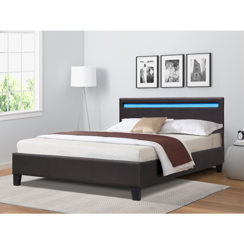 (Brown, 4ft Small Double) Faux Leather Gas Lift Ottoman Bed Frame With LED 3ft 4ft 4ft6 5ft