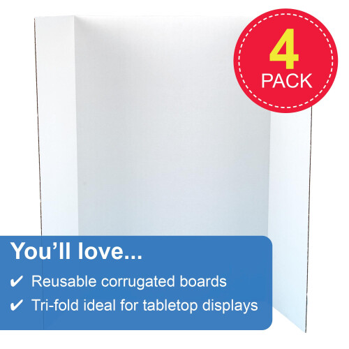 Tri Fold Boards-Pack of 4, Plain White, for Displaying Table Top Projects and Presentations (EV235),122 x 91 cm 1