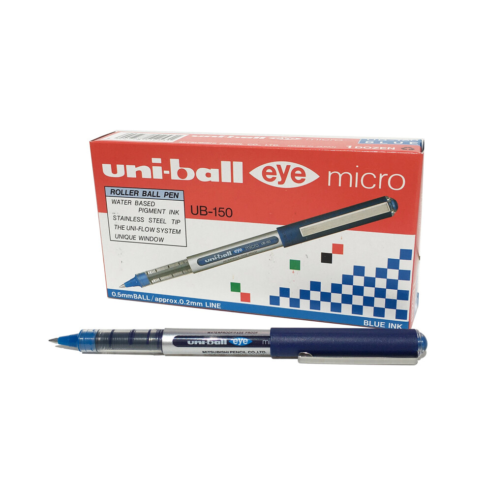 UB-150 Eye Micro Rollerball Pens, Blue Uni Super Ink, .5mm Nib, Box of 12