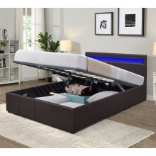 (Brown, 4ft6 Double) Faux Leather Gas Lift Ottoman Bed Frame With LED 3ft 4ft 4ft6 5ft