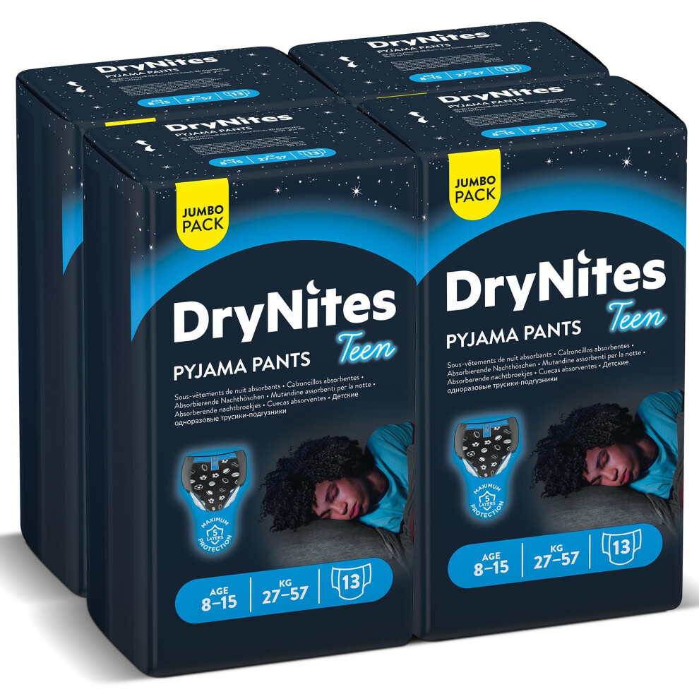 DryNites, Boys' Pyjama Pants, Sizes 8-15 Years (52 Pants) - Discrete Night Time Pants - Maximum Protection to Manage