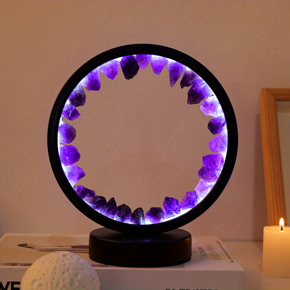 (Amethyst Raw Stone (cold )) Rechargeable LED Bedside Lamp Natural Quartz Amethyst Cluster Night Lamp Bedroom Desk Circular Circle Decorative Lights