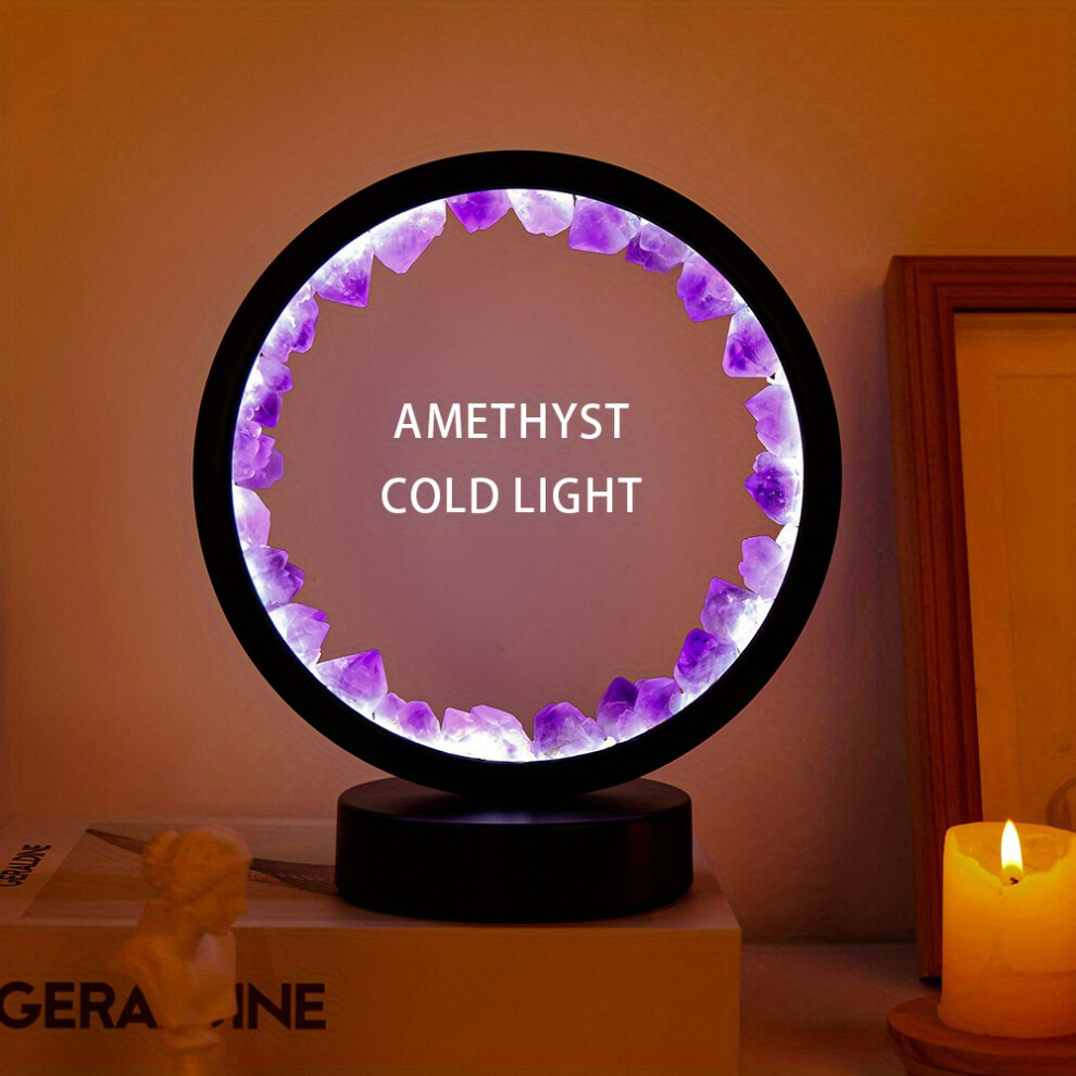 (Amethyst Flower Toothï¼coldï¼) Rechargeable LED Bedside Lamp Natural Quartz Amethyst Cluster Night Lamp Bedroom Desk Circular Circle Decorative Lig