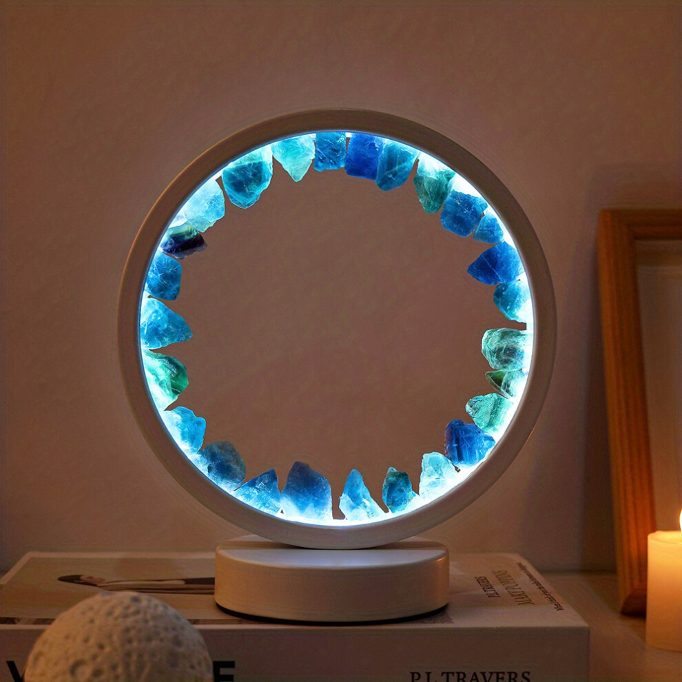 (Blue Fluoriteï¼coldï¼) Rechargeable LED Bedside Lamp Natural Quartz Amethyst Cluster Night Lamp Bedroom Desk Circular Circle Decorative Lights