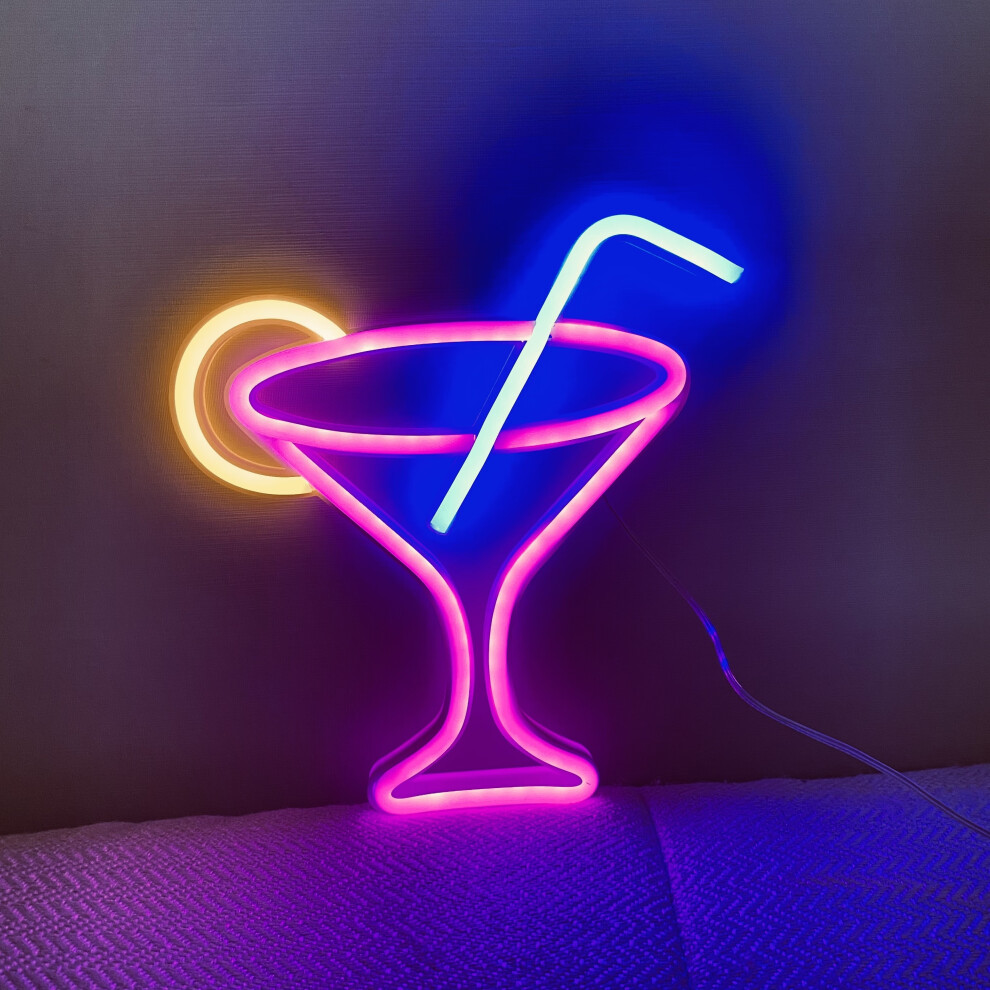 (Wine Glass Powder   Straw Blue, Cocktail Glass Neon Sign Battery/USB Powered) Cocktail Glass Neon Sign, LED Cocktail Glass 23.19x21.49cm Battery/USB