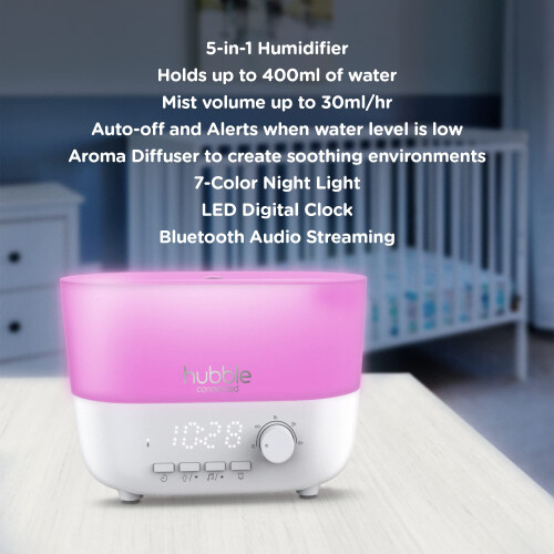 Mist 5-in-1 Smart Humidifier for Baby with Aroma Diffuser, Bluetooth Speaker, 7 Colour Night Light, LED Digital Clock, 2