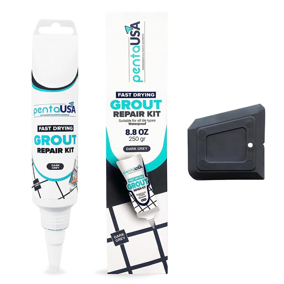 Pentausa Tile Grout Repair Kit - 8.8 Oz Dark Grey Color Premix Grout Paint Tube With Applicator Spatula - Restore, 616612553584