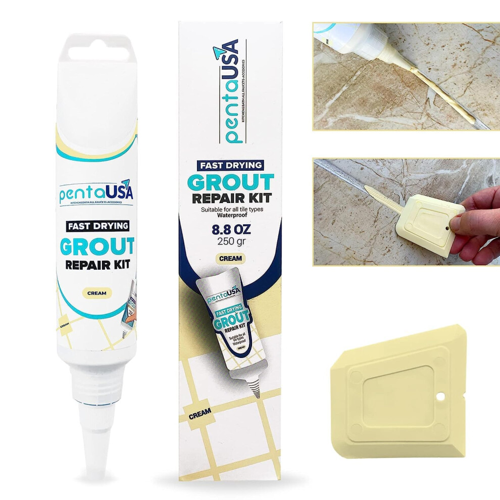 Pentausa Tile Grout Repair Kit - 8.8 Oz Cream Color Premix Grout Paint Tube With Applicator Spatula - Restore And Renew 760851382853