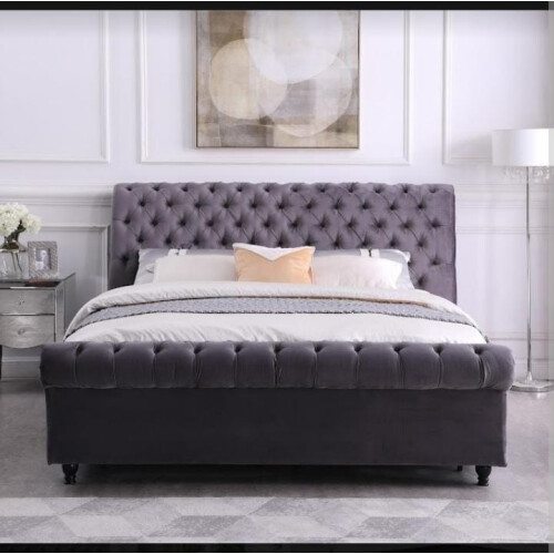 MN Furniture Houston Flat Velvet Double Bed Available in Grey Color