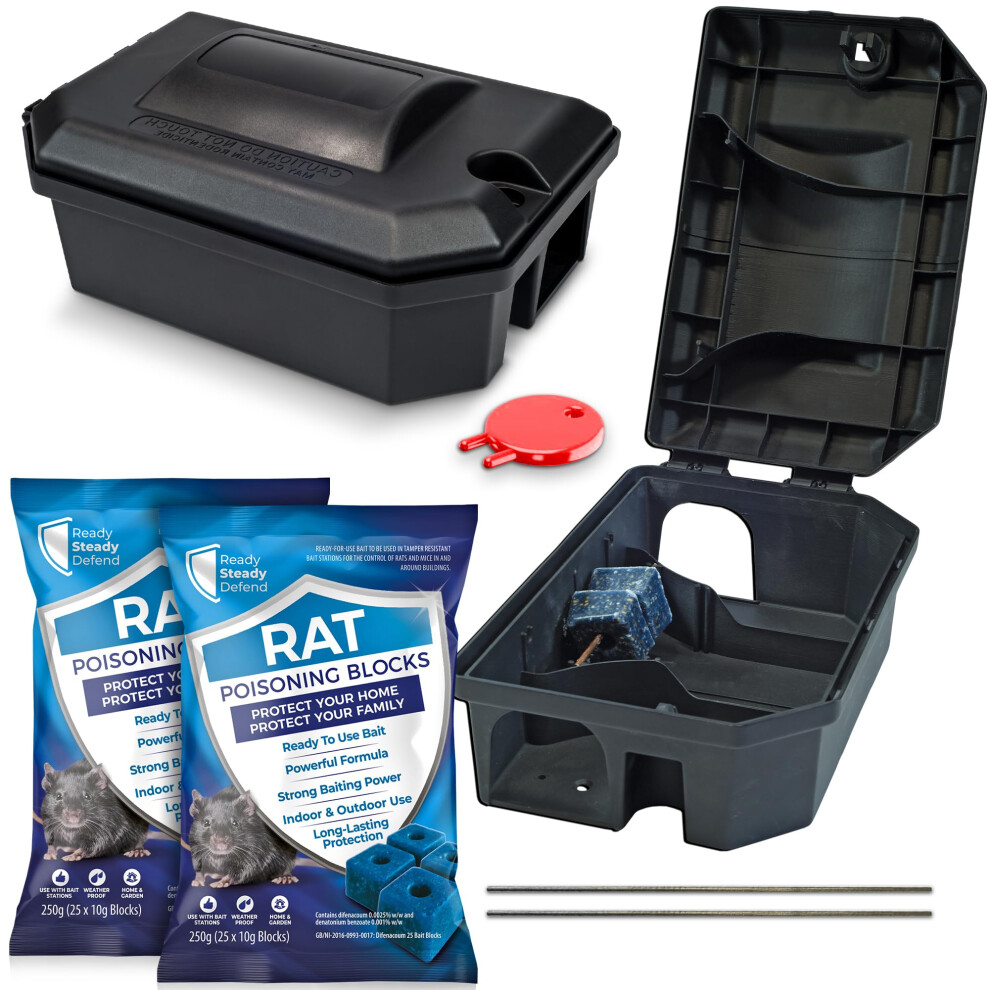 Rodent Bait Box & Wax Block Rat Poison Kit - Outdoor & Indoor Treatment Safety Kit (2 Boxes & 500g Blocks)