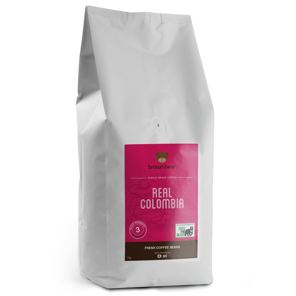 Colombian Coffee Beans 1kg - Medium Roast - Brown Bear Real Colombia Coffee - For All Coffee Machines - Strength 3 -