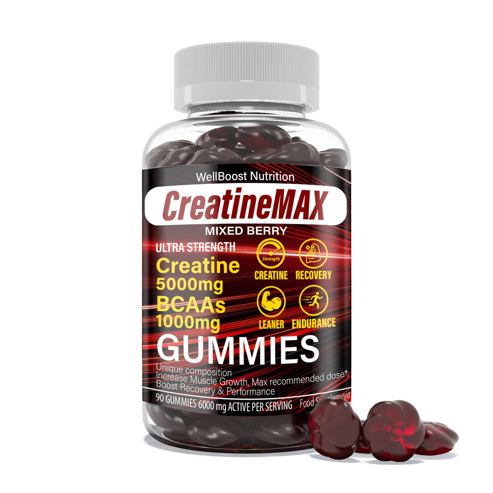 Wellboost Creatine Max 90 Gummies 5000Mg Creatine Monohydrate, 1000Mg Bcaas Per Serving - Chewable Vegan Sugar Free Gummies, Mixed