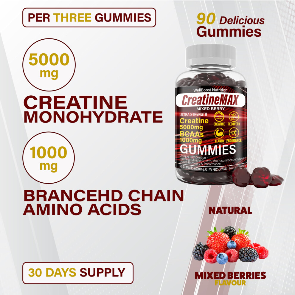 Creatine MAX 90 Gummies 5000mg Creatine Monohydrate, 1000mg BCAAs per