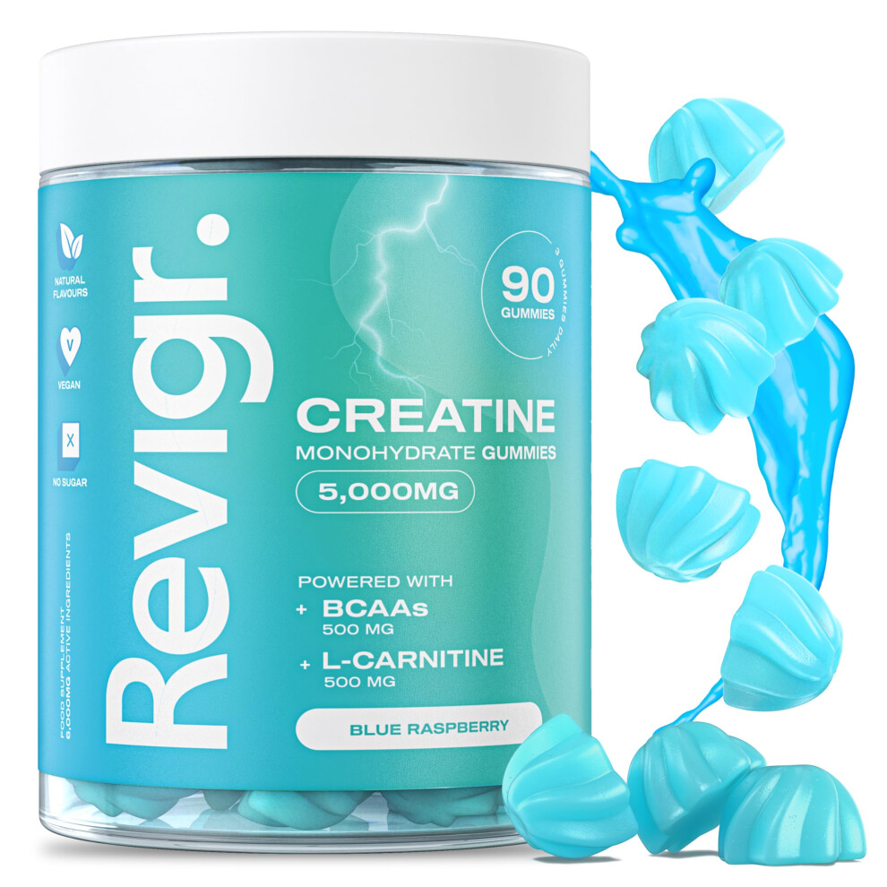 Revigr, Max 5000mg, 90 Creatine Monohydrate Gummies, Added 500mg BCAAs + 500mg L-Carnitine, Vegan & Sugar-Free, Premium