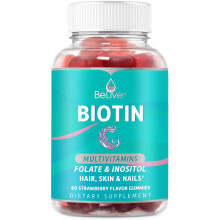 BeLive Biotine Gummies met Multivitaminen, Folaat, Inositol - Ondersteunt Haargroei, Gezonde Huid & Nagels - Vegan, Pectine - Aardbeismaak (1)
