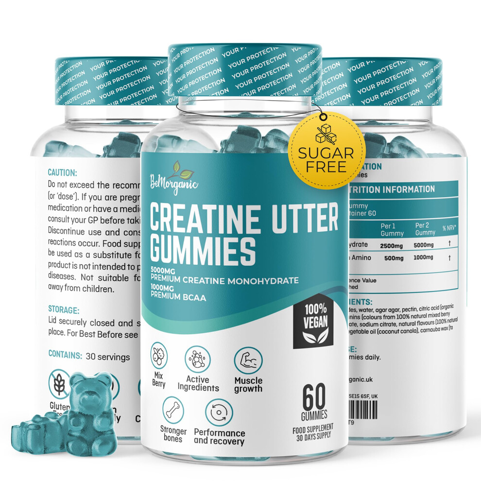 Bemorganic Creatine Gummies - 5000Mg Creatine Monohydrate Gummies - 1000Mg Bcaas, Pre Workout Gummies - Gym Supplements For Men