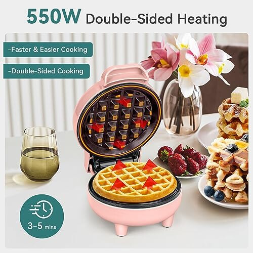 Mini Waffle Maker, 550W Waffle Iron, Ready Indicator Light, Non Stick Coating, Cool Touch Handle, Compact Size, Pink 1