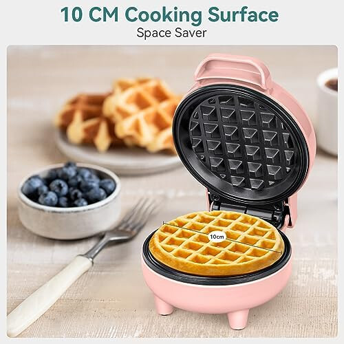 Mini Waffle Maker, 550W Waffle Iron, Ready Indicator Light, Non Stick Coating, Cool Touch Handle, Compact Size, Pink 2