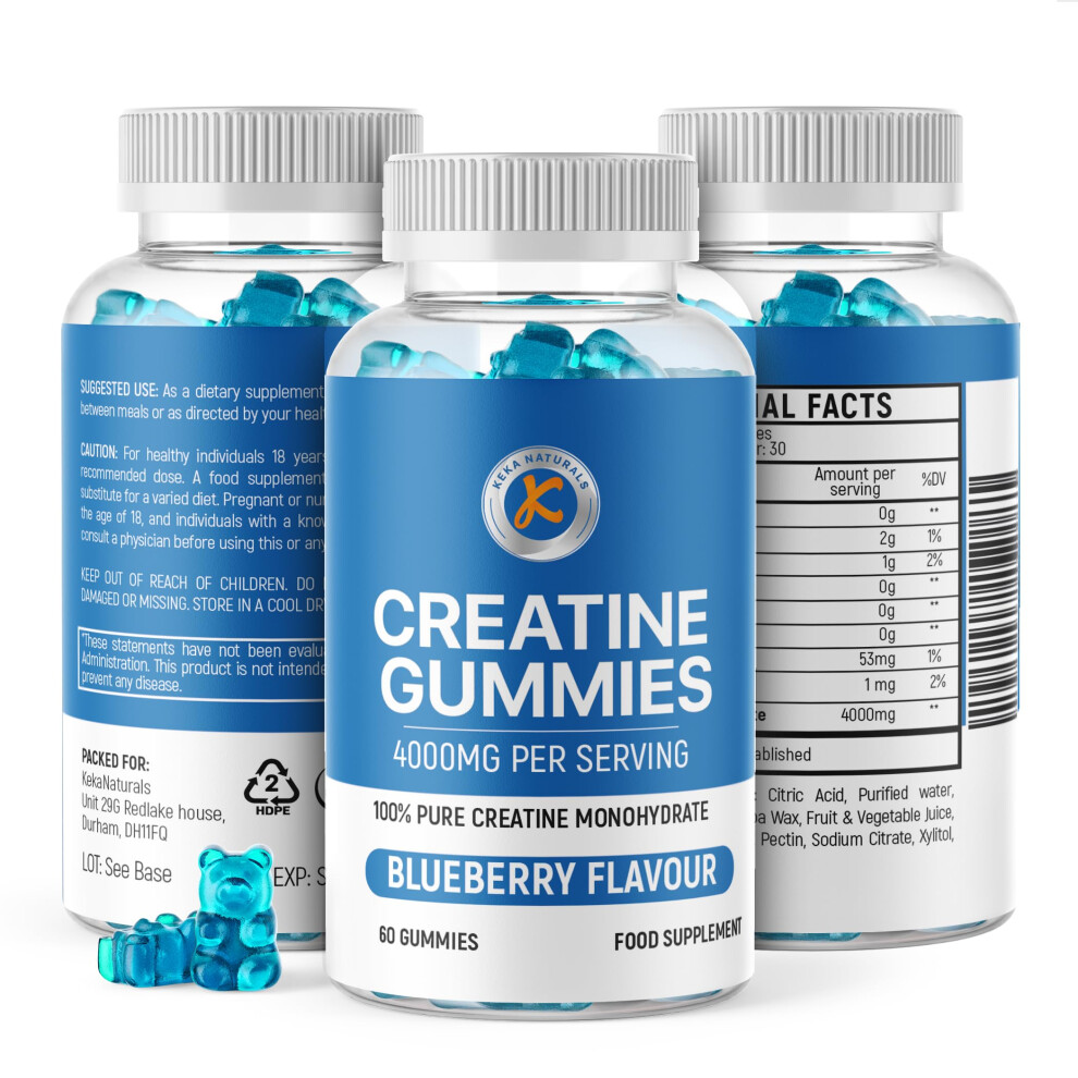 Keka Naturals Creatine Gummies 4000Mg For Men & Women - 60 Gummies - Pure Creatine Monohydrate - Blueberry Flavour, Vegans &