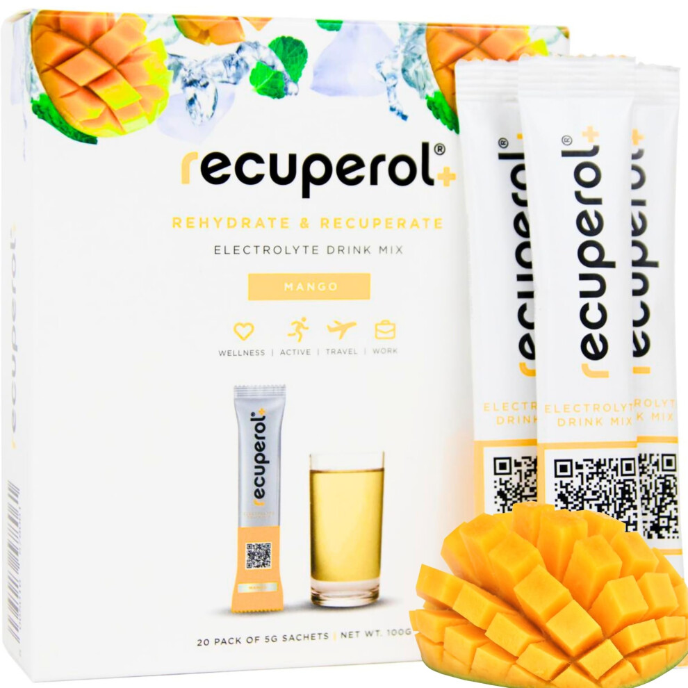 Recuperol Rehydration & Recovery Electrolytes Powder Supplement For Dehydration, 20 Sachets, Replace Mineral Salts & Fluids, Zinc,