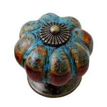 (Blue) Retro Round Pumpkin Shape Ceramic Drawer Cabinet Wardrobe Door Handle Knob Decor