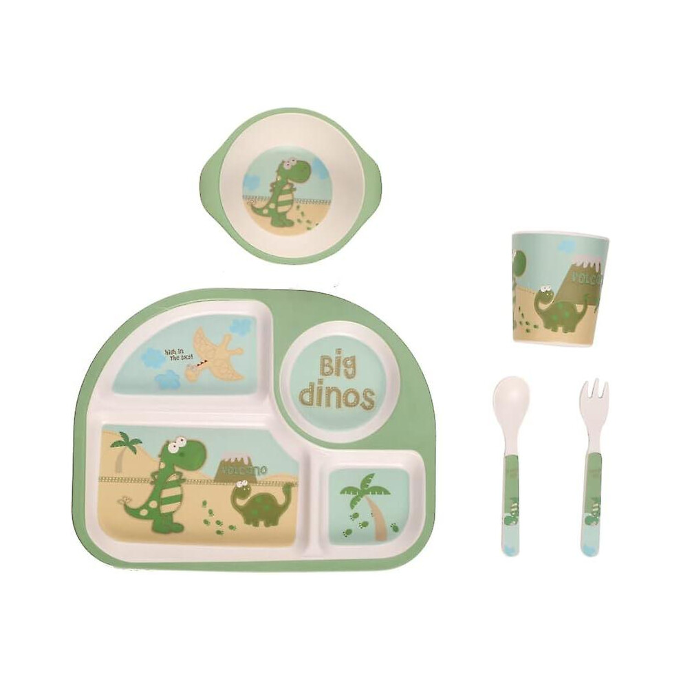 (Dinosaur) Children's Cutlery Set Bamboo 5-piece Set With Plate Bowl Cup Fork Spoon (frog)