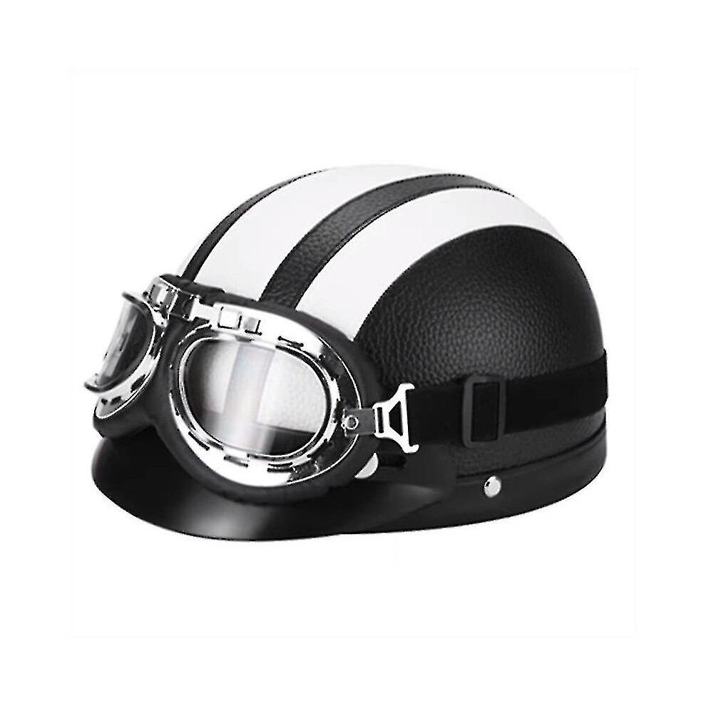 (White) Retro Motorcycle Leather Half Helmet With Goggles White 9033322396873