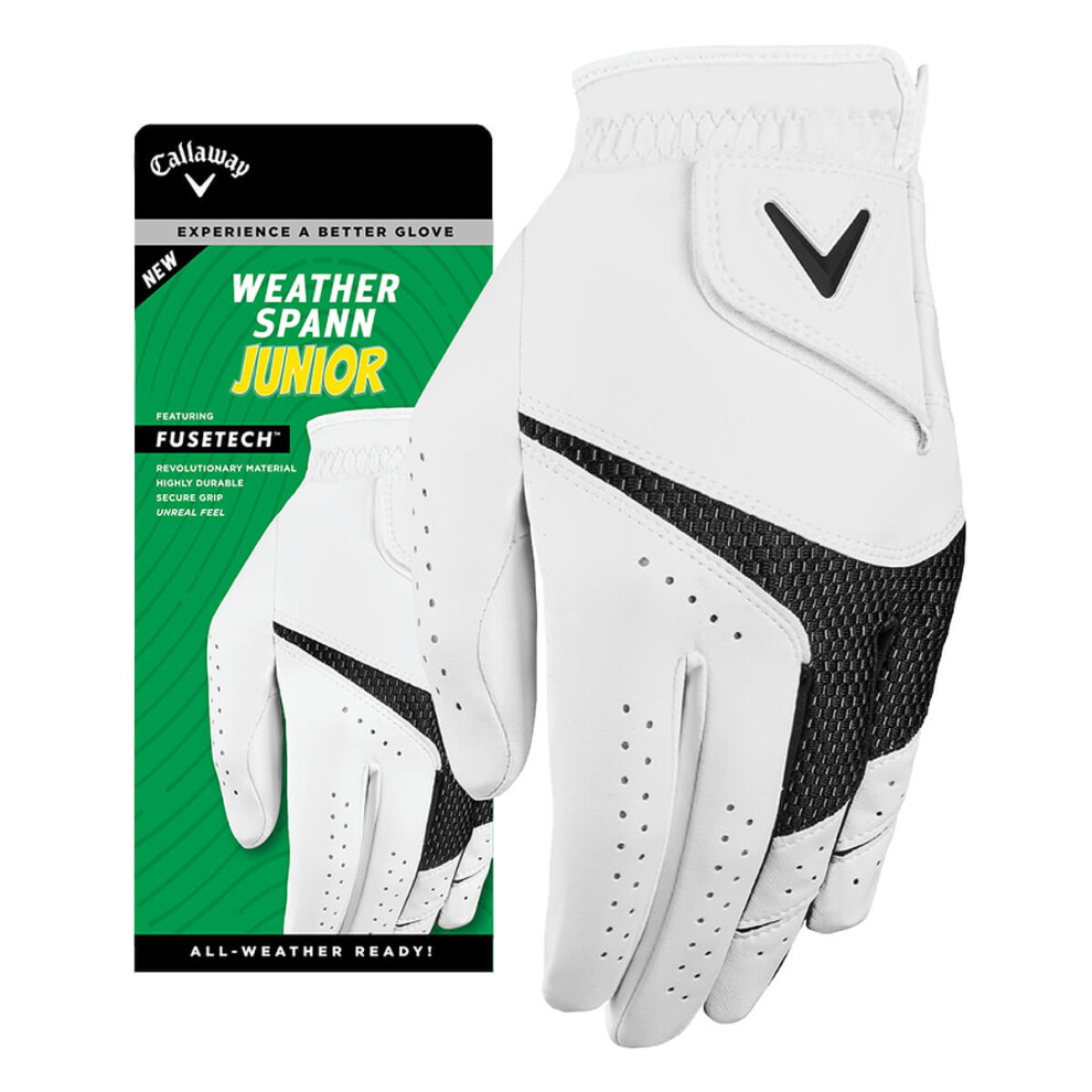 (L, White) Callaway Golf Juniors Weather Spann Junior Left Hand Leather Blend Glove