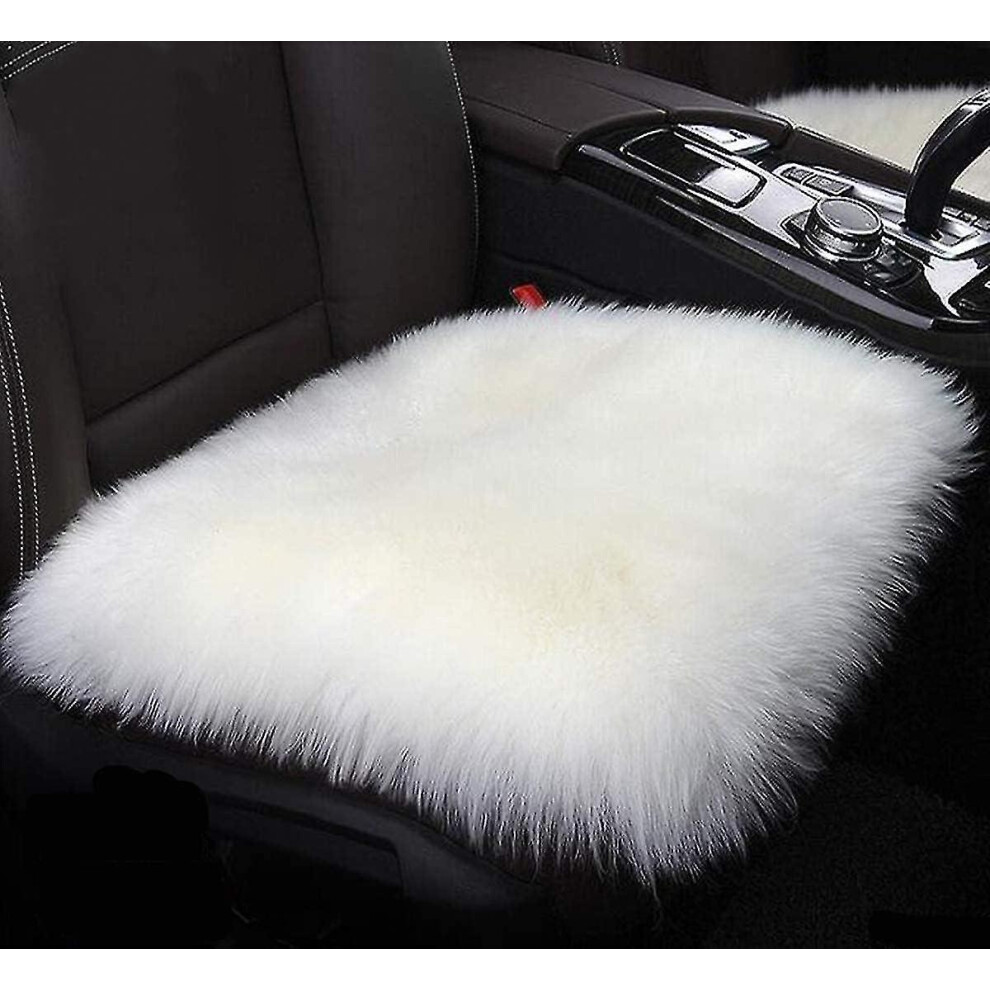 (White) Sheepskin Car Front Seat Cover Pad Wool Seat Cushion White 9033322419787