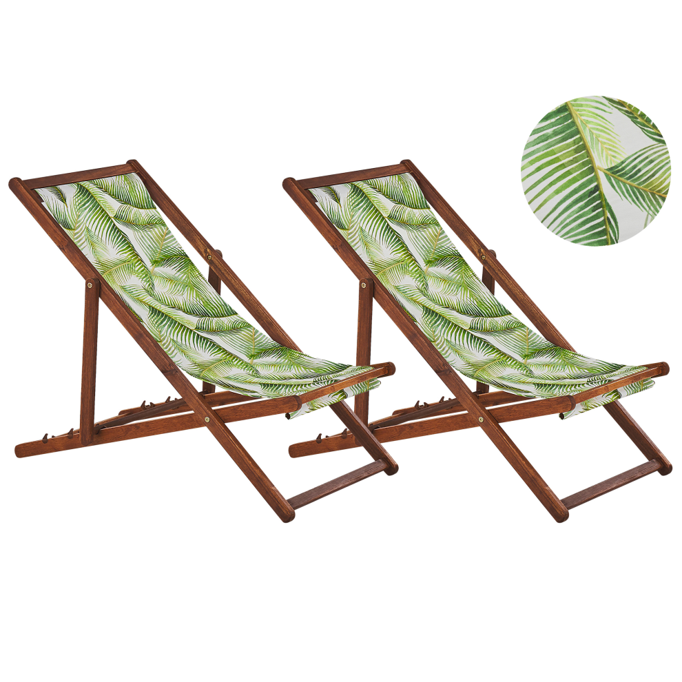 Set of 2 Folding Deck Chairs ANZIO with Replacement Fabrics Floral Motif Acacia Wood Dark Brown