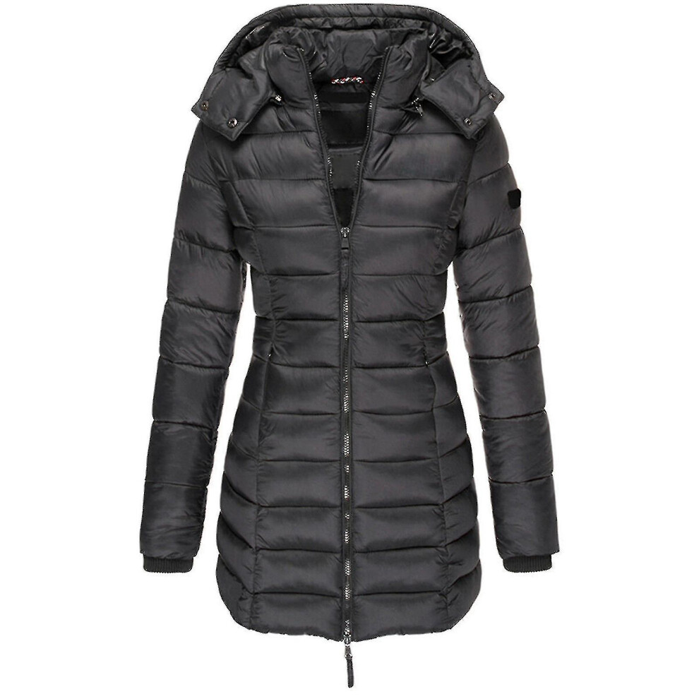 (Black, 2XL) Winter Warm Cotton Jackets Medium Length Hood Slim Style Jackets Thick Loose Stylish Simple Casual Coat For Women New