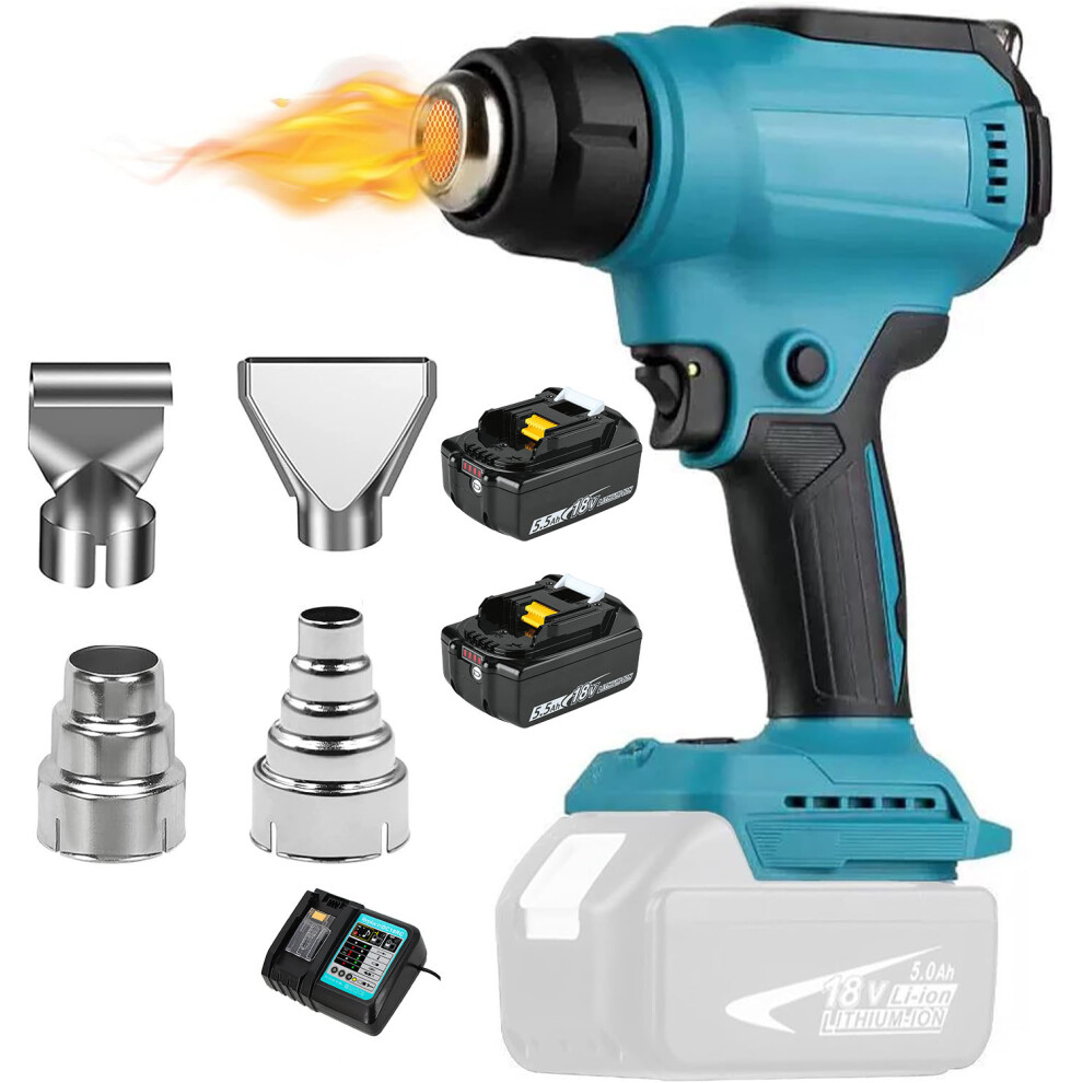 (Heat Gun Cordless with 2x5.5A Battery-Charger) Heat Gun Cordless  Hot Air Gun +2 Nozzle Makita Compatible