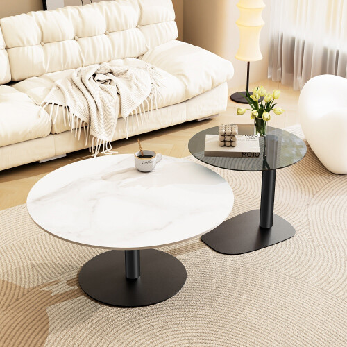 Set of 2 Round Coffee Table Slate & Glass Tabletop Side Table