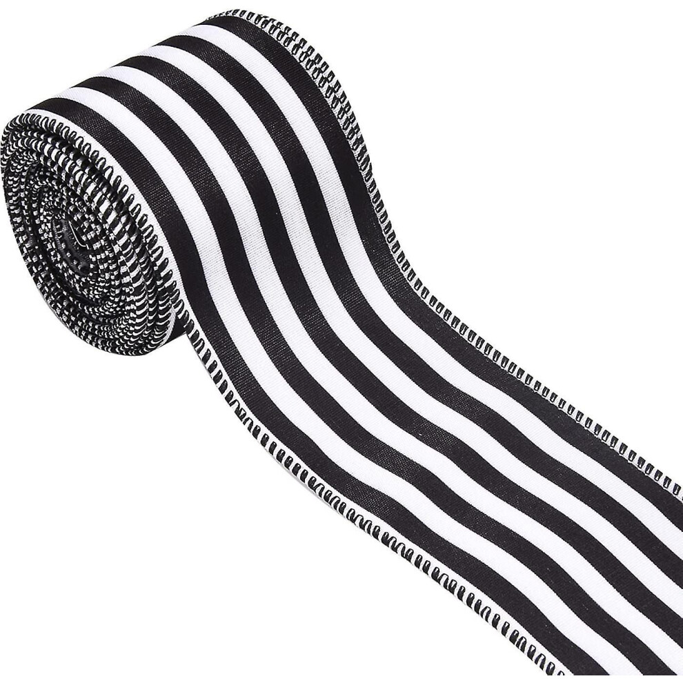 Christmas Ribbon For Tree, Black And White Striped Ribbon Wired Vertical Strip Fabric Ribbon Gift Wr