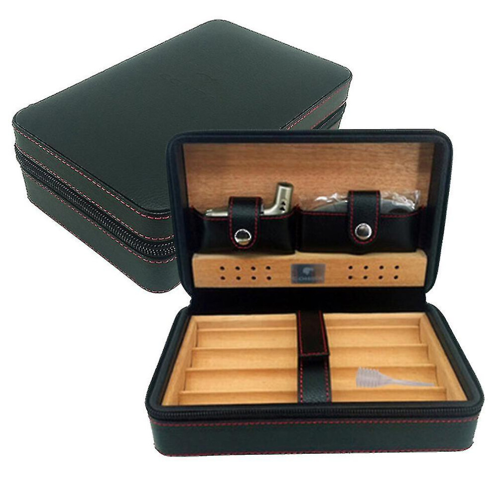 Leather Travel Cigar Humidor Case, Wood With Humidifier,4 Cigars- Brown