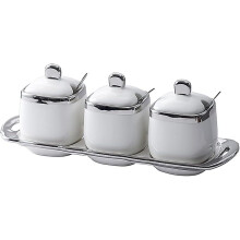Ceramic Sugar Bowl 3 Piece Ceramic Spice Pot With Spoon, Lid And Tray Kitchen Spice Jar Set For Sugar, Pepper, Coffee, Spices, Salt (white)