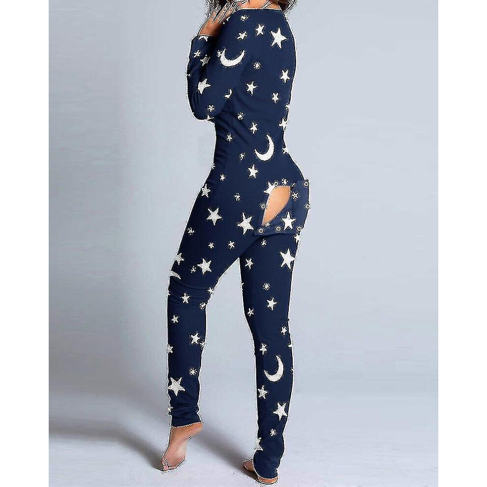(White stars, XL) 2023 Christmas Sexy Women Deluxe Pajamas Button-down Butt Open Ass Flap Jumpsuit Black L