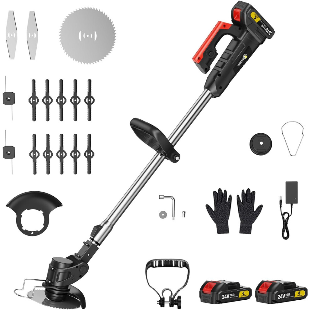 (Black) 24V Cordless Strimmer - Grass Trimmers with 2 * 2000mAh Batteries and 15 Blades, Garden Strimmers, Light Weight/Quick Charging/ 4 Types Blades