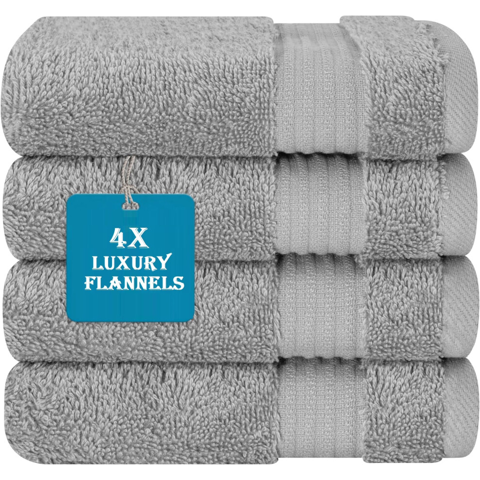 (Silver) 4 Pack Luxury Face Cloth Flannels 800GSM 100% Premium Egyptian Cotton Super Soft Washcloths