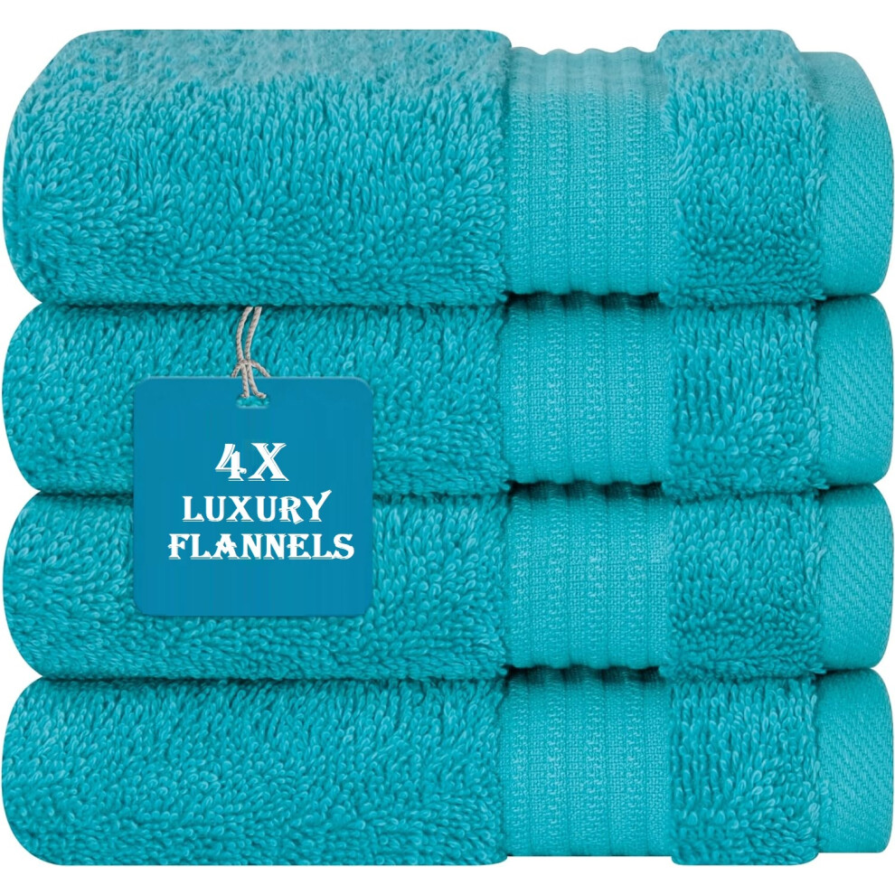 (Turquoise) 4 Pack Luxury Face Cloth Flannels 800GSM 100% Premium Egyptian Cotton Super Soft Washcloths