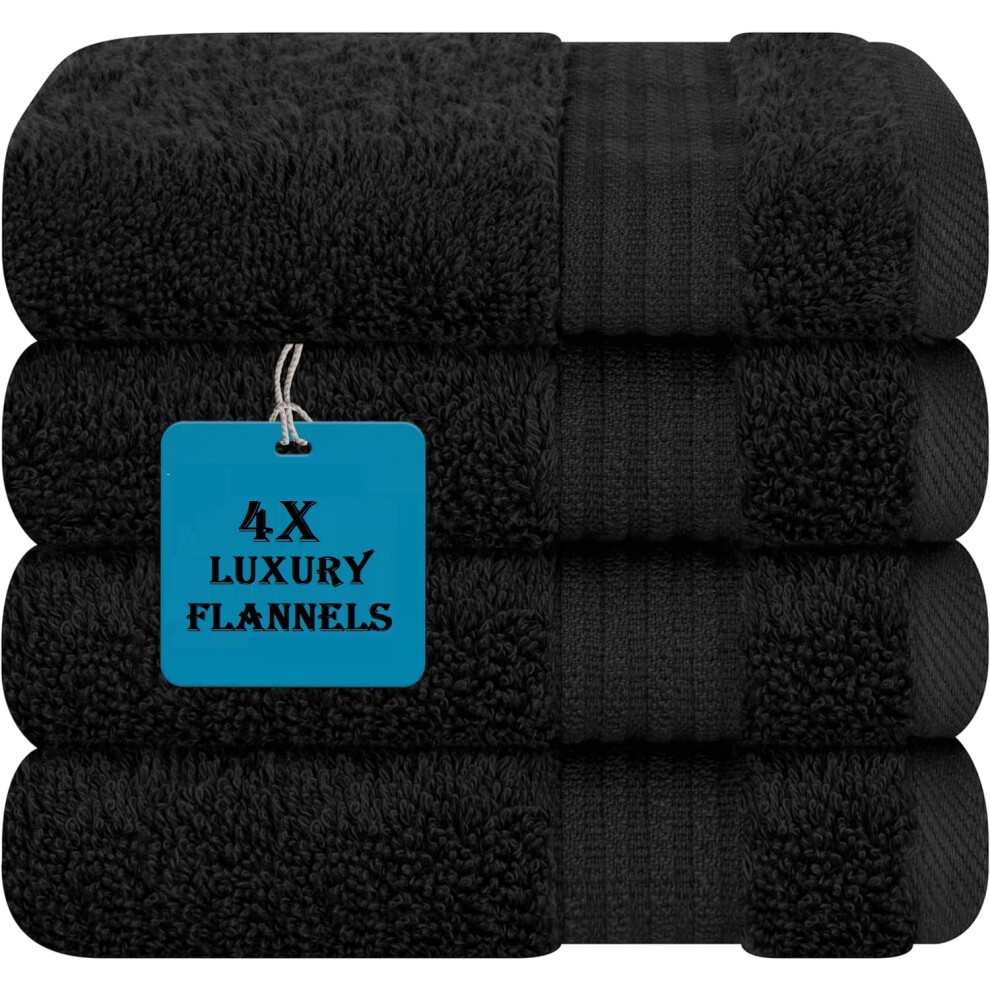 (Black) 4 Pack Luxury Face Cloth Flannels 800GSM 100% Premium Egyptian Cotton Super Soft Washcloths