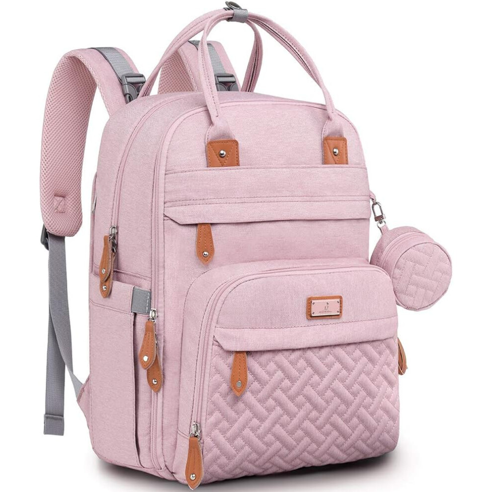 (Pink) Baby changing bag backpack, nappy changing backpack nappy bag with changing mat and pacifier holder for mums and dads