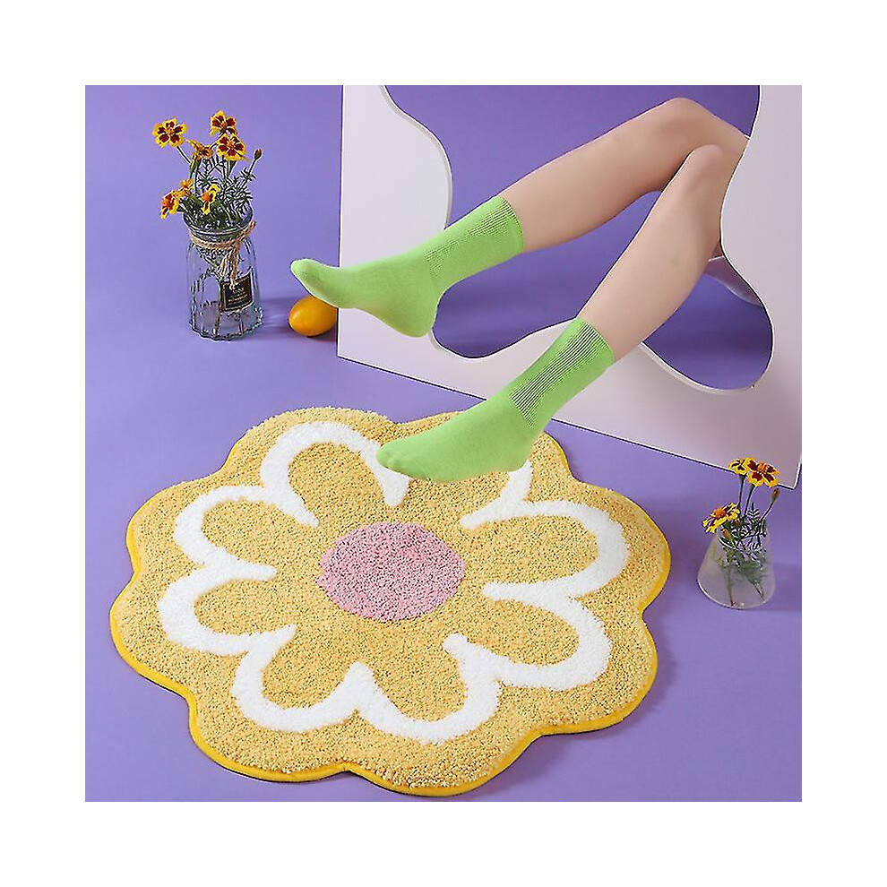 (Yellow) Flower Round Rug Super Soft Flocking Plush Floor Rug Living Room Non Slip Carpet Sofa Bedside Rugs Baby Crawling Mat Doormat Rug