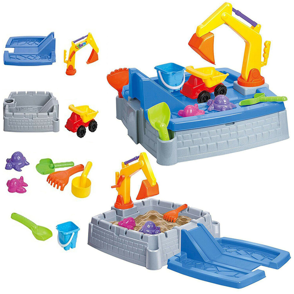 The Magic Toy Shop 2-in-1 Kids Sandbox Outdoor Sand Water Table with Truck Crane Garden Play Set