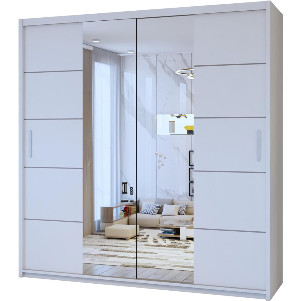 (White, 203) Dubna Center Mirror Double Door Sliding Wardrobe
