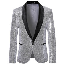 (Silver, XL) Mens Fashion Sequin Casual Blazer Wediing Celebration Suit Jacket