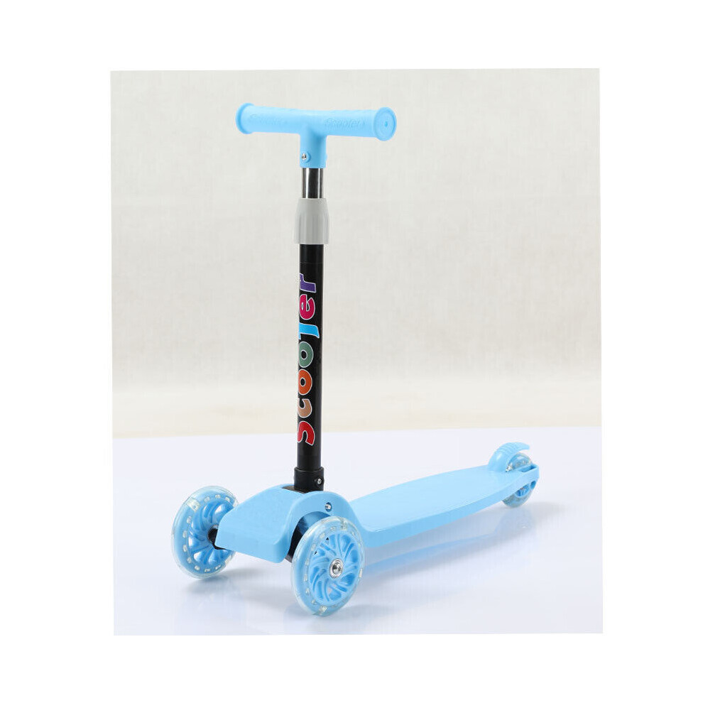 (Blue) Kick Scooter Push 3 Wheels Led Flashing Tilt Lean Boys Girls Scooter Folding