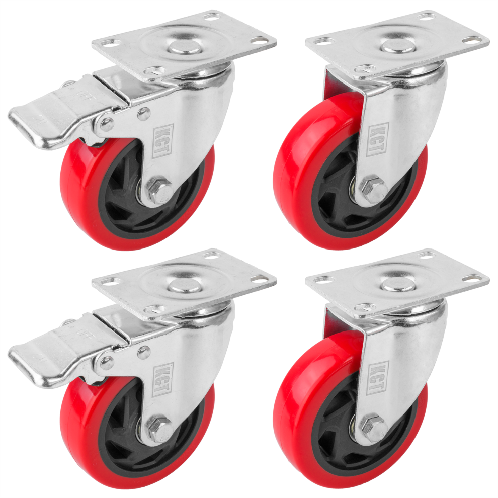 KCT Pack of 4 100mm 4 Inch Heavy Duty Swivel Castor Caster Wheels for Furniture & Workbench with Brakes Red Rubber Strong Casters